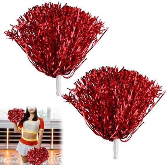 Cheerleader Pompoms, Pack van 2, Rode Metalen Folie Pompoms, Pompoms, Handbloemen voor Sportevenementen, Dans en Nachtfeesten, Robuust en Levendig