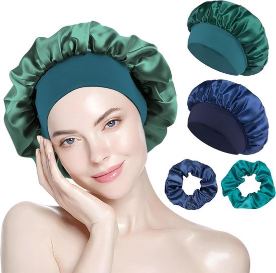 Zijden slaapmuts en haarelastiekjes set voor dames - Blauwgroen - Herbruikbaar - Satijn - 2 stuks energiezuinige zijden slaapmutsen met elastiek_bedekte voetbal, bonnet, elastiek - geschikt voor 's nachts - Familie- Haarverzorging