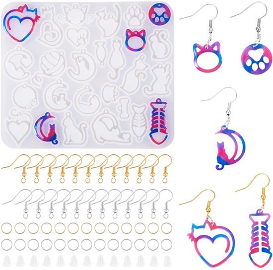 1pc Kat Thema Silicoon Hars Mal Vissen Botten Hars Gieten Mallen Met Oorbellen Haken & Open Springringen & Oor Noten Voor Epoxy Ambachten Sieraden Maken
