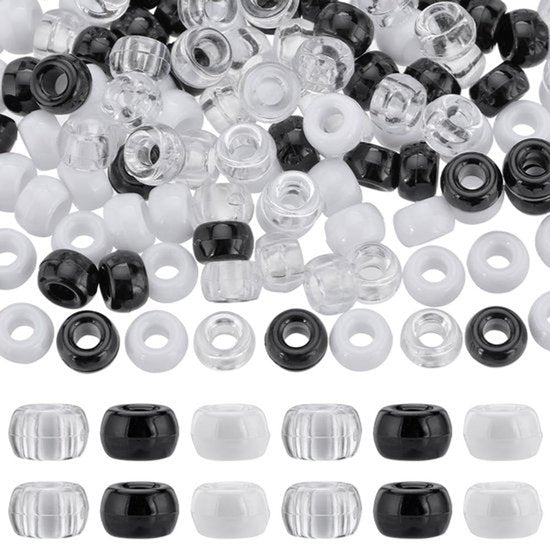 600pcs Pony Beads - Opaque Zwart en Wit - Plastic Ronde Handgemaakte Beads 6x9mm