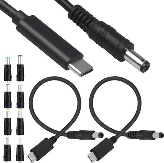 USB C naar DC Stroomkabel 12V 3A - Type-C naar DC 55 x 21 mm - Oplaadkabel met converteradapters - 2 stuks