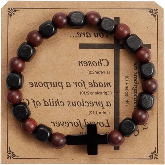 Houten Armband met Zwart Kruis van Roestvrij Staal - Christelijke Cadeaus voor Vrouwen en Mannen