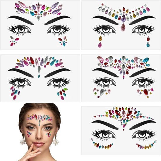 Zelfklevende Glitter Face Rhinestones - Herbruikbare Face Jewels voor Carnaval Feesten - Tijdelijke Body Gem Stickers (Pack of 5)