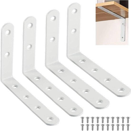 4 Stuks Witte Planksteunen met Schroeven | Rechte Hoekplanksteun, Heavy Duty Beugels | Modern en Sterk Design voor Wandbeugels, Plankbeugels, Hoekplanken