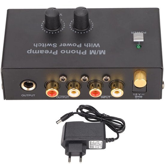 Urntable Versterker Phono-voorversterker, PP500P Phono-voorversterker met Aan/uit-schakelaar DC 12V EU-stekker 100-240V Adapter