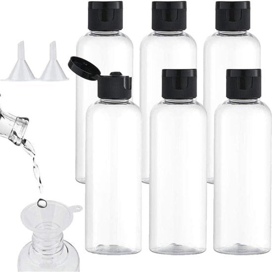 Set van 6 reisflessen 100 ml plastic - Ideaal voor vliegreizen en onderweg - Inclusief 2 trechters - Transparant - Zwart