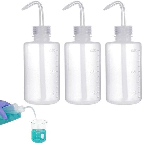 Set van 3 chemische wasflessen 250 ml - Kunststof flessen voor laboratorium gebruik - Transparante sproeikop