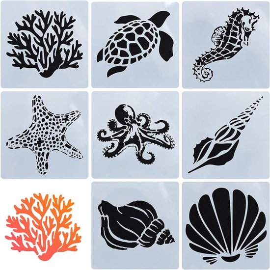 - Zeedieren sjablonen - Oceaanwezens - Set van 8 - Voor kunstambachten - DIY - Zeester - Zeepaardje - Oceaan - Scrabooking - Geschikt voor kinderen.