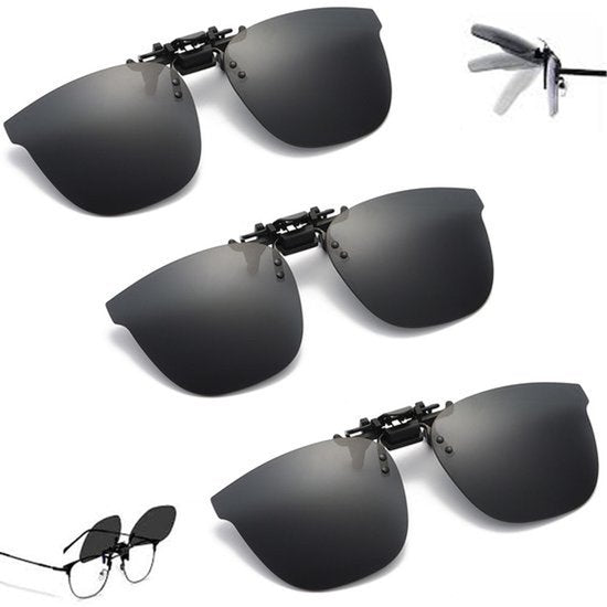 Clip-on zonnebril - Overzet - Trendy clip-on voor bestuurders - Opklapbare zonnebril voor bestuurders - UV-bescherming - Losjes te bevestigen aan het montuur - Unisex, opklapbaar design - Ideaal voor buitensporten - 3 stuks