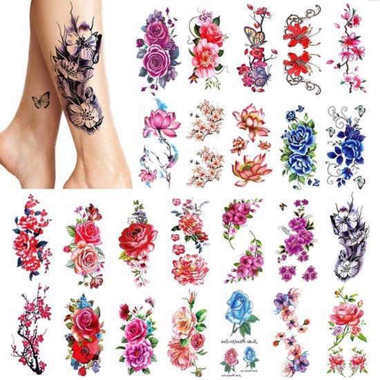 24 Stuks Vrouwen Tijdelijke Tattoos (Grote Bloemen), Kleurrijke Nep Tattoo Stickers, Waterdichte Lichaamskunst Stickers voor Meisjes Armen Benen Schouder Rug