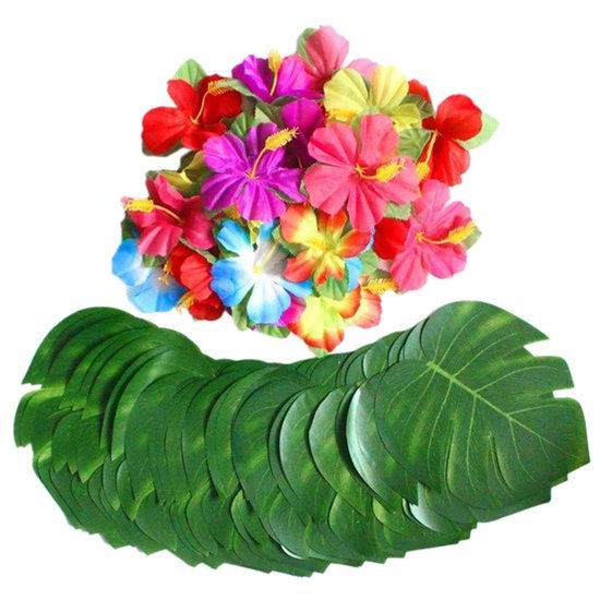 60 Stuks Tropische Feestdecoraties - Hawaii Thema - Palmbladeren en Hibiscus Bloemen