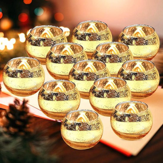 Theelichthouder Glas 12 Stuks Mercurius Glas Stemkaarsen 6.5 x 5.5 cm Ronde Stemkaars Houder voor Tafel Decoratie, Bruiloft, Feest (Goud)