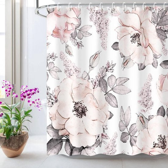 Douchegordijn Anti Schimmel-2 pcs - Roze grijze bloemen- Douche Gordijn 180X200 cm - Douchegordijn - Waterdicht-Douche Gordijnringen
