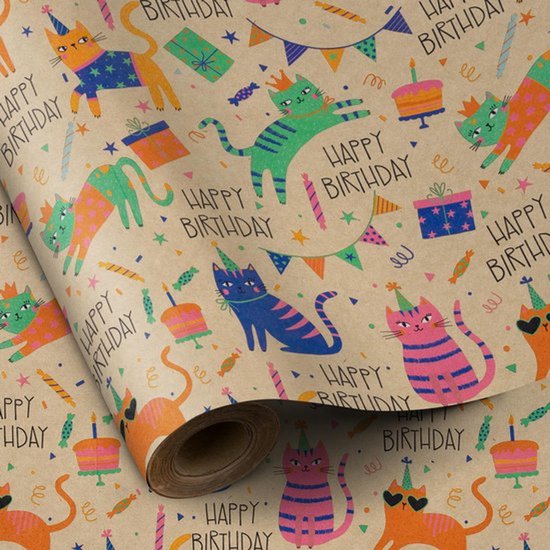 Inpakpapier Rol - Mini Rol - Jarige Kat Ontwerp Geweldig voor Verjaardag, Feest, Babyshower - 43.2cm x 10m