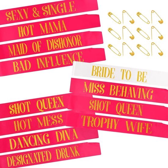 Bruiloft Sjerpen, 12 Pack Bachelorette Sjerpen voor Bachelorette Feest - 11 Felroze Team Bruid Sjerpen met 1 Witte Bruid-to-Be Sjerp - Grappige Hen Do Sjerpen Set voor Bachelorette