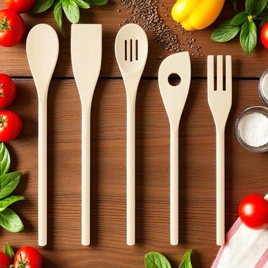Kitchen Aid Wood 5-Delige - Houten Keukenhulpmiddelen Set 30 - 33 cm, Duurzaam en Hittebestendig - Lepel, Spatel, Vork, Kooklepel Set