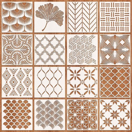 Set van 16 Herbruikbare Geometrische Sjablonen 20 x 20 cm - Voor Muur, Hout en Scrapbooking