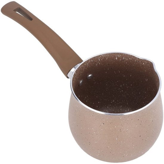 Melkpan, 10 cm diameter, antiaanbakpan met schenktuiten, steelpan van aluminiumlegering, geëmailleerde binnencoating, kleine soeppan met enkel handvat voor koffie, boter, chocolade, bruin