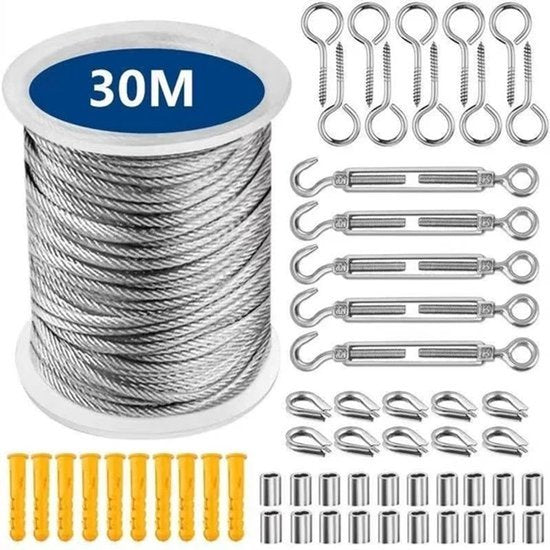 Staalkabelset - 30M (2MM) - Compleet met RVS Haken, Schroefogen & Bevestigingen - Voor Tenttouw, Waslijnen & Buitenverlichting - Ook Geschikt voor Tuinmeubel of Terras