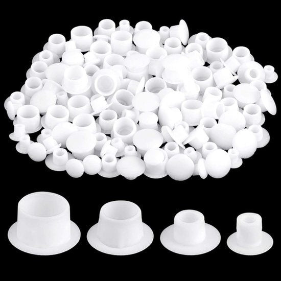 120 kunststof afdekdoppen in wit met verschillende diameters (5 mm, 6 mm, 8 mm, 10 mm) voor het netjes afwerken van boorgaten, set van 120 stuks