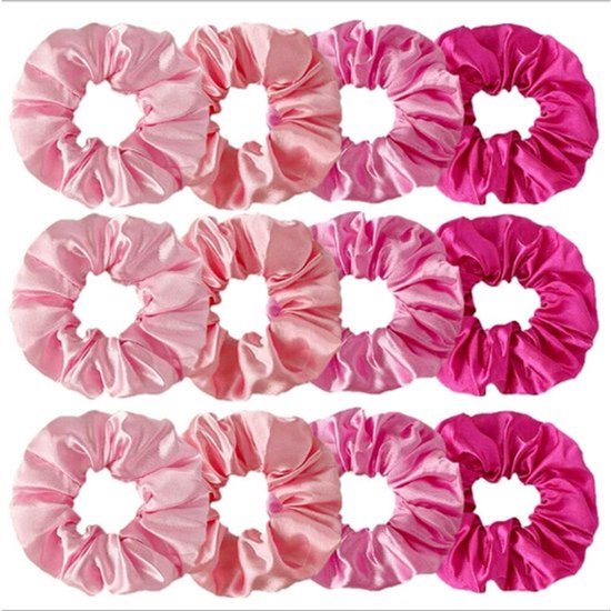 Set van 12 zijden haarelastiekjes voor dames en meisjes - Grote scrunchies voor glad en krullend haar - Roze.