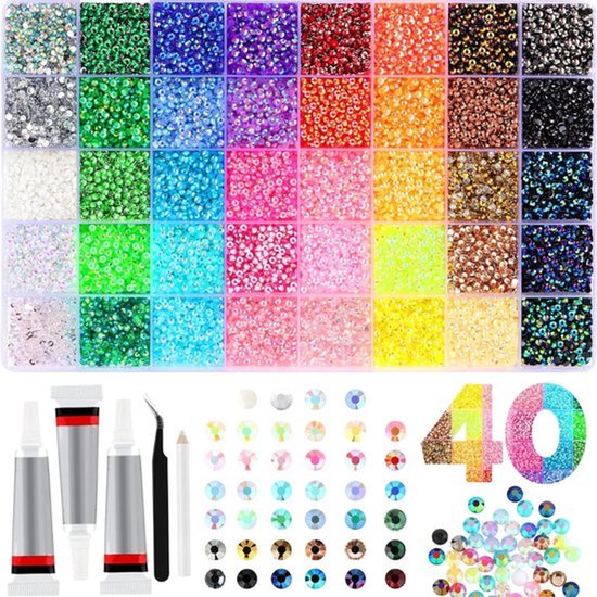 Luxe Strasssteentjes-set - 32.000 stuks - 40 kleuren - XXL DIY Strassstenen-set met 3× 10 ml lijm - Plaksteentjes voor kleding, mokken, schoenen & nagels - Hobbypakket - 0,3 cm