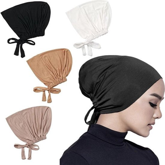 4-delige onderkap set voor vrouwen, hijab ademend verstelbaar moslim onderkap sjaal met striksluiting aan de achterkant, zachte elastische hoofddoek voor dagelijks gebruik chemo, slaap (Effen