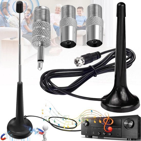 Telescopische DAB FM-radioantenne - Binnen radio-antenne - Digitale radio-antenne - Magnetische Basis - 3 x adapters - 3 m verlengkabel