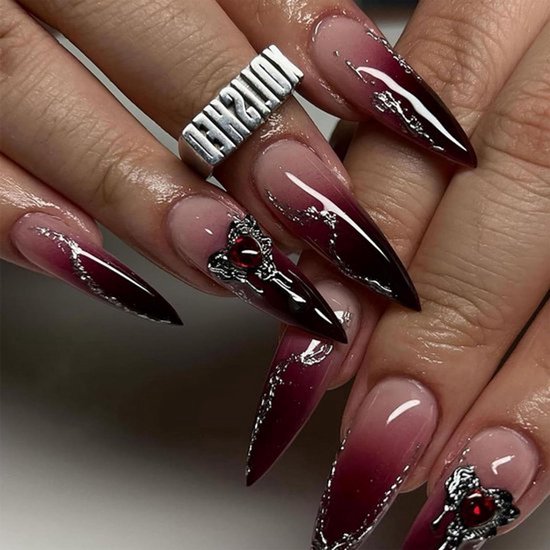 24 stuks rode gestippelde nepnagels met donkere diamantprint - Lang - Voor vrouwen en meisjes