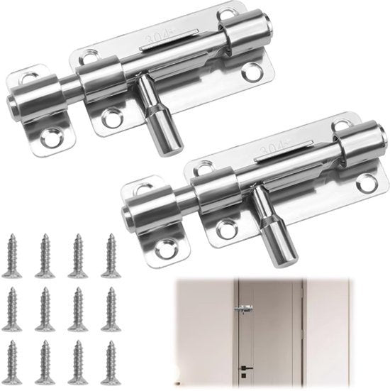 2Pcs 304 RVS Deurslot, Deursloten, Deurslot met Schroeven, Klein Slot, Schuifslot, Boutslot, Voor Badkamer Slaapkamer Tuindeur