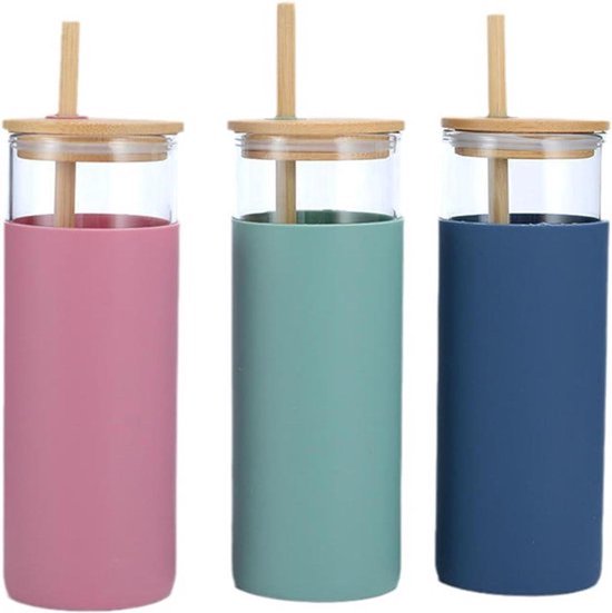 Glazen-beker-met-bamboe-deksel-en-rietje-waterfles-ijskoffie-theekop-reisbeker-roze.