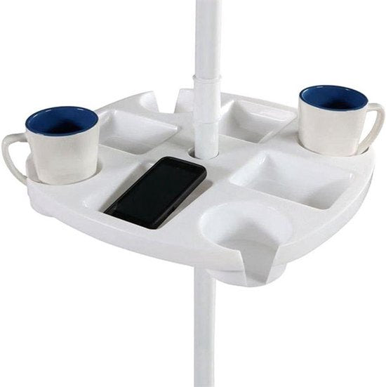 Ronde parasoltafel voor buiten met snackbak, bekerhouders en snackvakken - ideaal voor strand, patio, tuin, zwembad