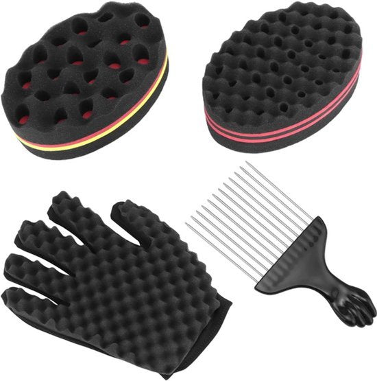 ® 4 stuks haarborstelspons met grote en kleine gaten met kammen en handschoenen voor dreads en krullen, voor kappers en thuis