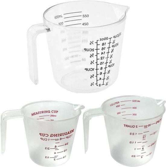 Set van 3 kunststof maatbekers - Voor koken en bakken - Kleine maatbeker - Magnetronbestendig - Gemakkelijk afleesbare maatset voor grote kopjes (250 ml 500 ml 600 ml)