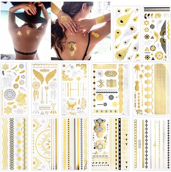 12 vellen metaalachtige tijdelijke tatoeages, 150+ glans ontwerpen zwart zilvergoud tijdelijke tattoo sieraden tatoeages flits nep waterdichte tattoo -overdrachtstickers voor vrouwelijke meisjes lichaamskunst
