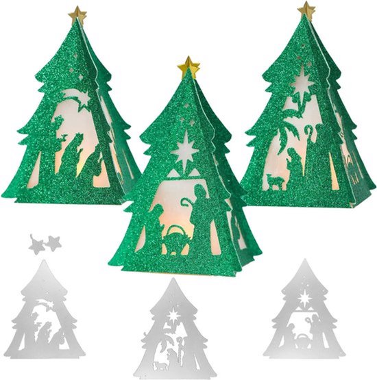 Snijmallen in kerstboomvorm voor het maken van kaarten en DIY scrapbooking met kerststal thema, ideaal voor creatieve feestelijke projecten