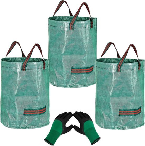 Set van 3 Grote Herbruikbare Tuinafvalzakken (272L) met Tuinhandschoenen - Graszakken, Bladzakken, Tuinvuilniszak - Afvalverzameling in de Tuin