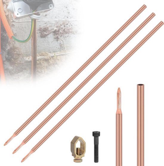 Grondpen set voor aarding - 3 stuks koolstofstaal met koperen coating - 1 m lengte - Ø 172 mm - inclusief klem en bouten
