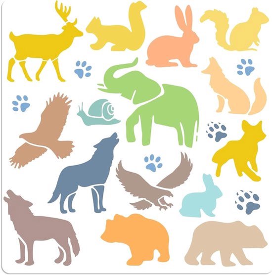 Schilder sjablonen - Bosdieren - Grote herbruikbare - Wit - PET-materiaal - Olifant Konijn Wolf Vos Eekhoorn Adelaar - Ornamenttekening - Geschikt voor houten muur - Doe-het-zelf knutsel - 30 cm - Herbruikbare sjabloon voor schilderen
