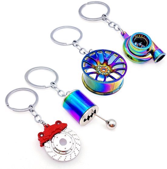 4x Metalen Autosleutelhangers - Turbo, Turbocharger, Wielnaaf, Versnellingspook, Remklauw - Origineel Cadeau voor Auto Mechanica en Liefhebbers, Multikleur, S