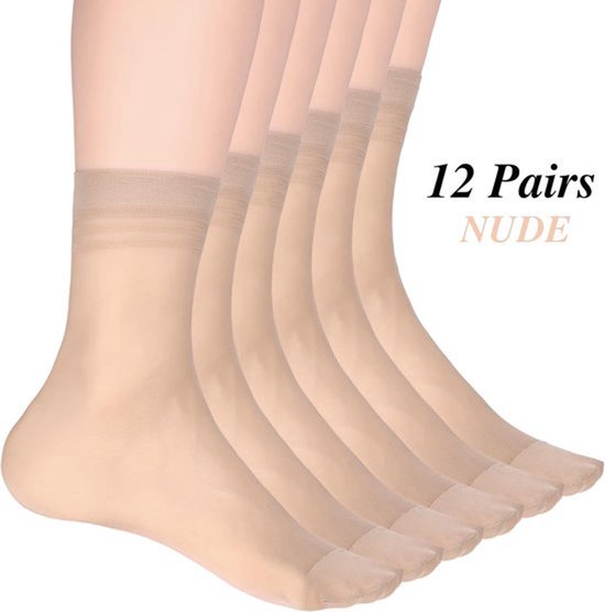 Enkelkousen Dames | 12 paar nylon sokken | Ademend en zijdeachtig | Versterkte teen | Nude | One size