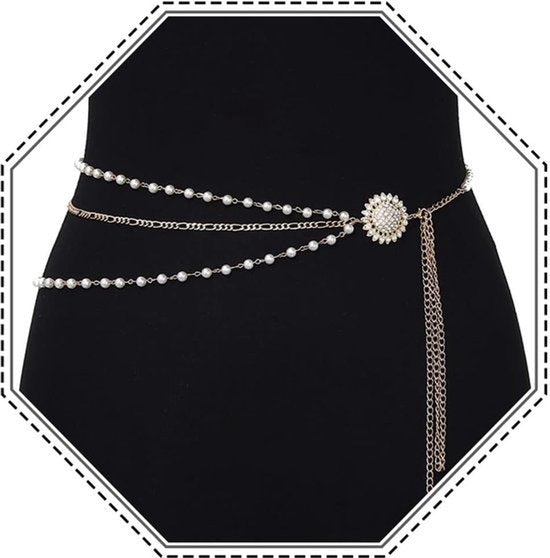 Boho gelaagde tailleketting gouden rhinestone buik lichaam kettingen parel feest rave lichaam sieraden strand tailleaccessoire voor vrouwen en meisjes, Crystal Moeder van Parel Rhinestone
