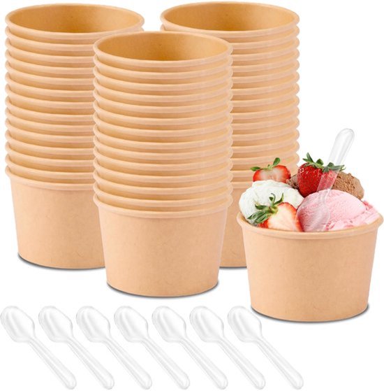 Soepbekers voor onderweg 50 stuks: 240 ml papieren bekers ijsbeker kartonnen ontbijtbeker met 50 lepels, bruine soepbekers composteerbare bekers met PLA voor snacks soep salade dessert hapjes
