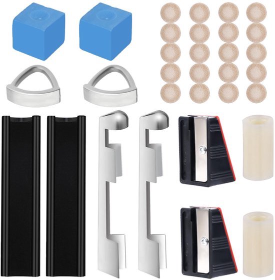 32-delige reparatieset voor poolkeuen met 2 clubtipclips, 20 clubtips, 2 shapers, 2 krijtblokjes, 2 hulzen, 2 schaafmachines, voor reserveonderdelen voor biljartkeuen