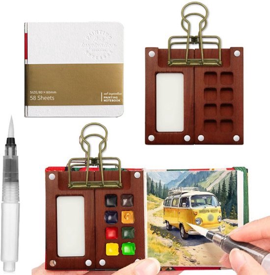 Pocketartist Reisset, Draagbaar Aquarelpalet, Schetsboek, Palet, Mini Palet, Aquarel met Bindclips, Draagbaar Schilderpalet, Schilderset voor Schilders, Kunstenaars en Studenten
