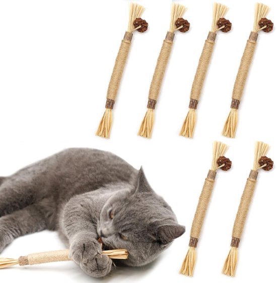 6 stuks natuurlijke silvervine kauwstaafjes, natuurlijke katten tanden en tepels, kattenkruid schoonmaak speelgoed voor binnenkatten teething en stress
