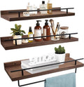 Houten wandplank belastbaarheid 20 kg bruin met handdoekhouder en 5 haken - 3-delige set zwevende wandplanken 40 cm voor badkamer, keuken en slaapkamer