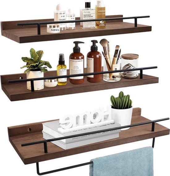 Houten wandplank belastbaarheid 20 kg bruin met handdoekhouder en 5 haken - 3-delige set zwevende wandplanken 40 cm voor badkamer, keuken en slaapkamer