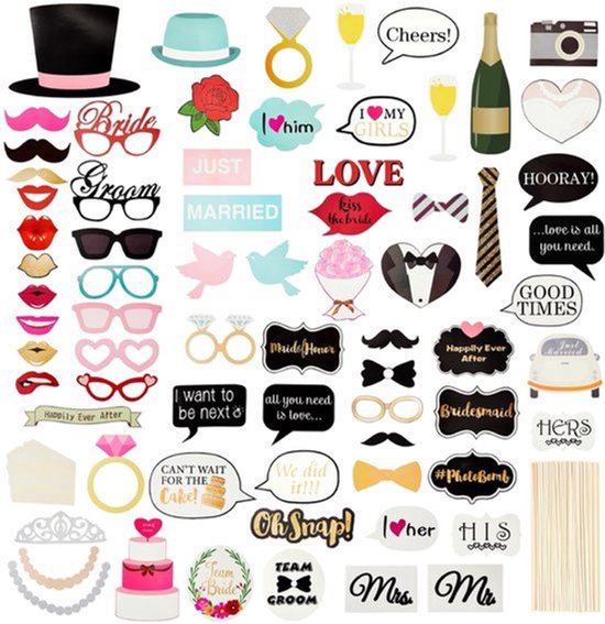 72 Stuks Bruiloft Fotocabine Rekwisieten Kit - Selfie Props met Houten Stokken en Stickers