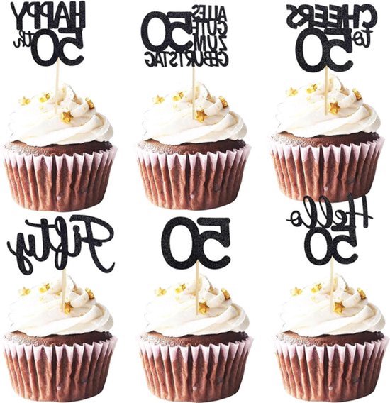 Cupcake Topper set voor verjaardagsfeest (50 stuks, zwart)